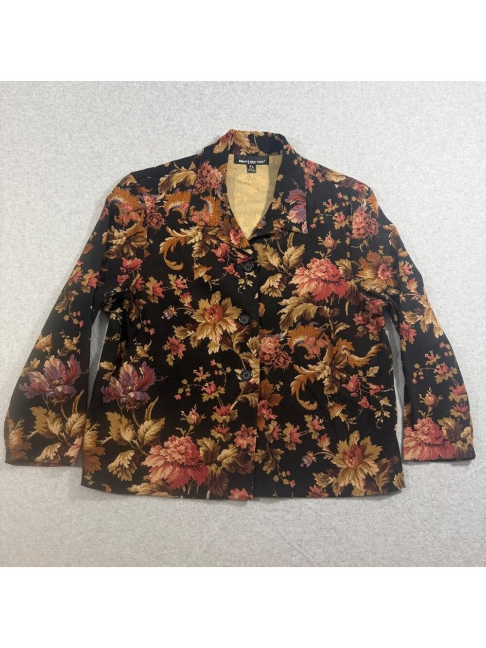 Briggs New York Petite PL Black Floral Button Front Blouse Jacket Women Stretch
